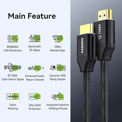 FIBBR 8K HDMI 2.1 Cable 6ft/2m, 48Gbps High Speed HDMI Cord, Support 8K@60Hz - Image 2