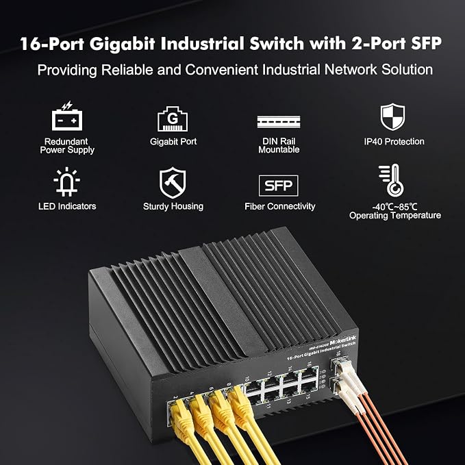 MokerLink 16 Port Gigabit Industrial DIN-Rail Ethernet Switch, 2 Gigabit SFP - Image 2