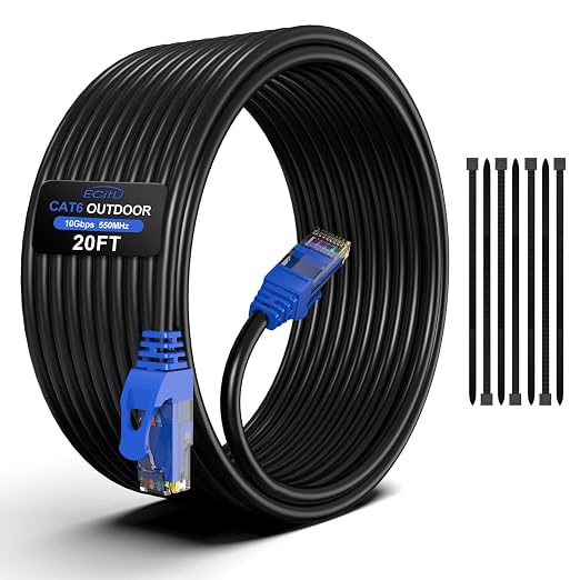 20FT Cat6 Outdoor Ethernet Cable, Heavy Duty Direct Burial, 24AWG CCA Patch Cord by ECJTU-US