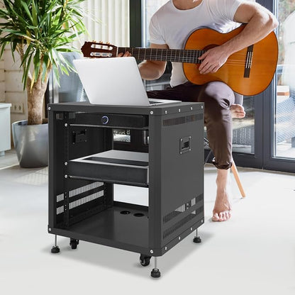 12U Home Audio & Video Stage Stereo Equipment Storage Cabinet Stand On Wheels - Image 8