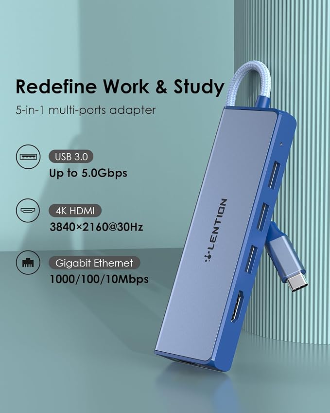 LENTION USB C Hub with Gigabit Ethernet Adapter, 4K HDMI, 3 USB 3.0 - Image 7