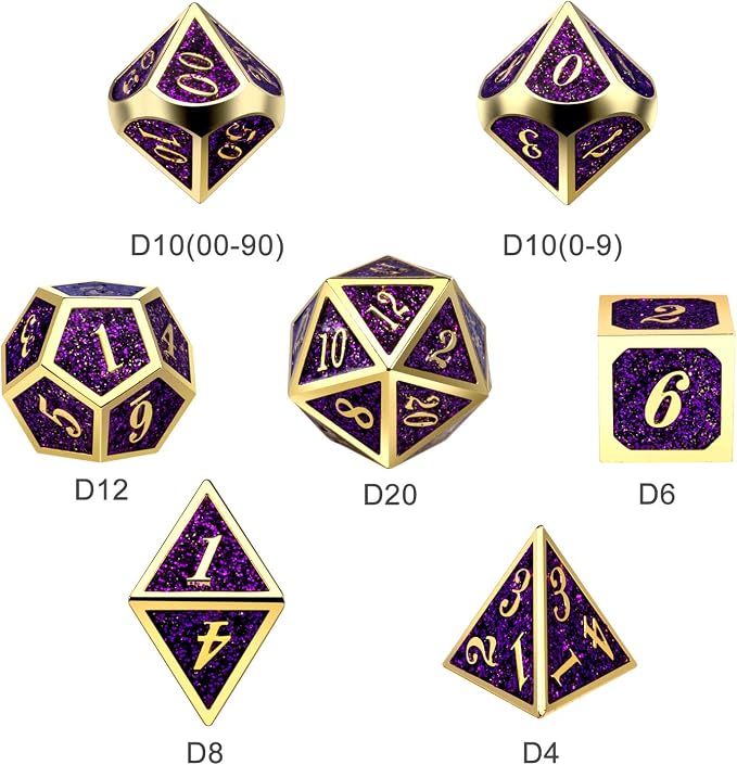 DNDND Glitter Purple Metal Dice Set, Solid Polyhedral DND Metallic Dice - Image 4
