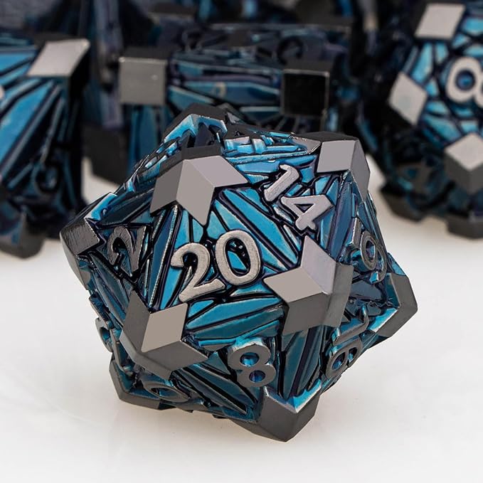 7PCS Metal DND Dice Set with Box, Debris RPG Black Blue D and D Dice by ORIFANTOU