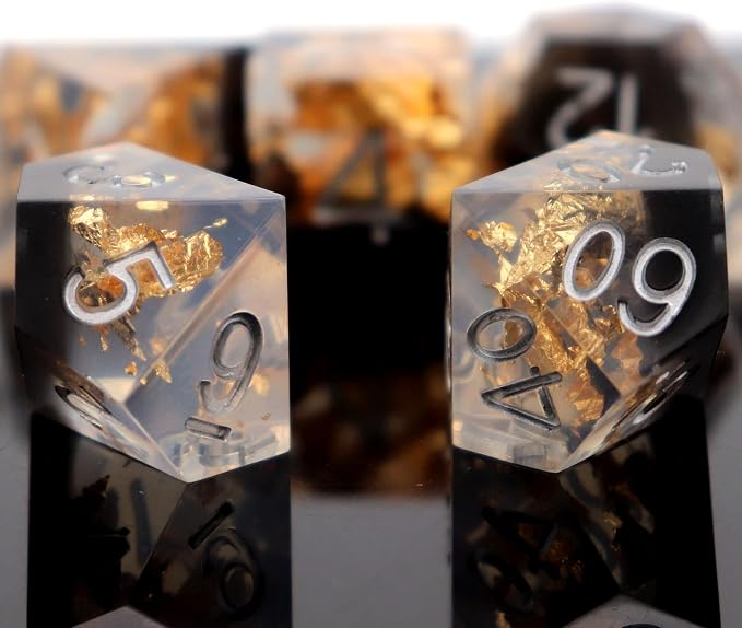 Haxtec DND Dice Set Black Sharp Edge Resin Dice Gold Flakes - Image 2