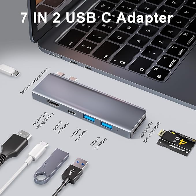 USB C Hub, 7-in-2 USB Adapter for MacBook Pro/Air, Thunderbolt 4 Dock - Image 2