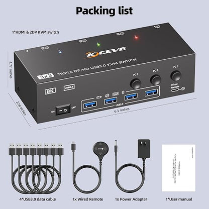KVM Switch 3 Monitors 3 Computers 8K@60Hz 4K@144Hz, HDMI Dispalyport Triple - Image 8