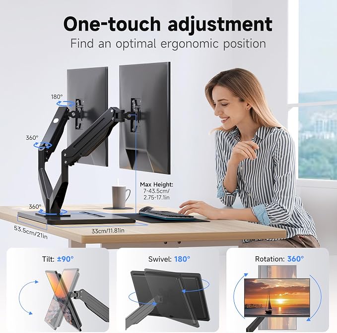 suptek Dual Monitor Mount Gas Spring Monitor Arm Desk Stand - Image 3