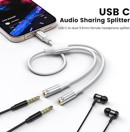 MOSWAG Type C to Dual 3.5mm Aux Headphone Jack Adapter, Type C to Dual 3.5mm - Image 2