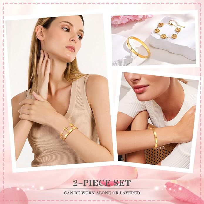 MPRAINBOW Womens Stackable Gold Bracelets Jewelry, 18K Gold Plated Floral - Image 4