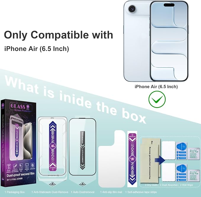 Screen Protector for iPhone Air 6.5-Inch, 2 Pack, 9H Tempered Glass, HD Clear - Image 6