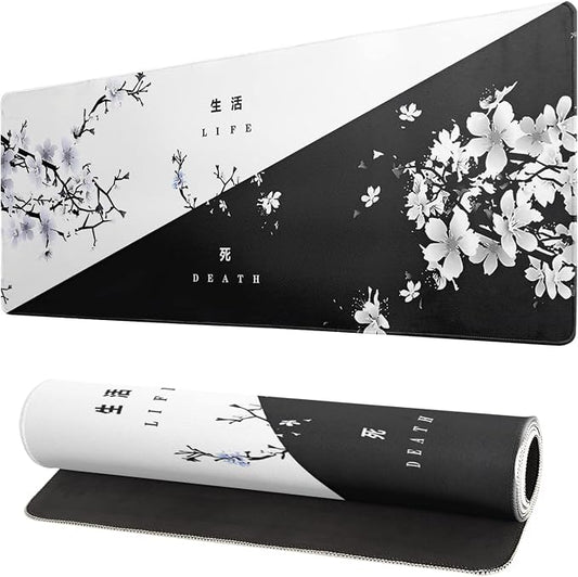 Black and White Japanese Cherry Blossom Gaming Mouse Pad Sakura Death Life by Siski