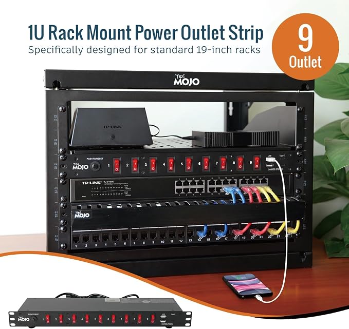 Tecmojo 9-Outlet Rack Mount Power Strip, 1U Horizontal PDU Individual Switch - Image 3