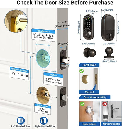 Veise RZ06C Smart Locks for Front Door, 2 Knob Handle Set, Keyless Entry - Image 6
