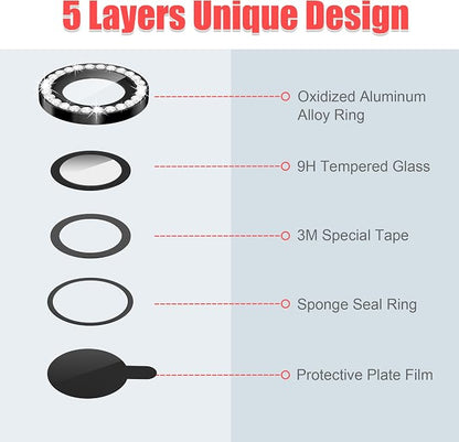 AGVEE 3+3 6 Pack for iPhone 15/15 Plus, Bling Diamond & Glitter Metal Ring 9H - Image 7