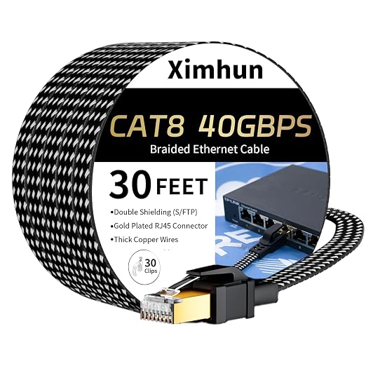 Cat 8 Ethernet Cable 30FT, High-Speed Braided Internet Cable Network Cord by XimhunEthernetCable