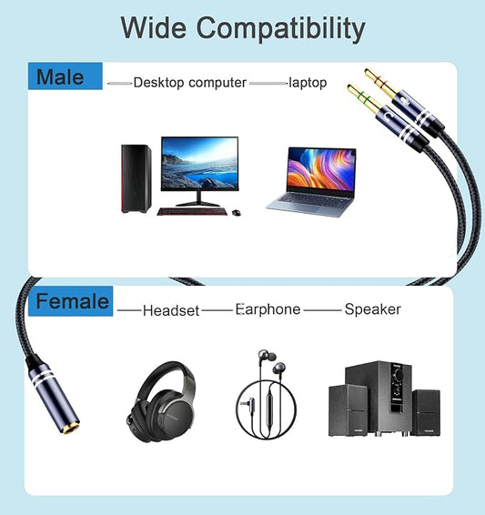 Braided Headphone Splitter for Computer, 3.5mm Female to 2 Dual 3.5mm Male - Image 2