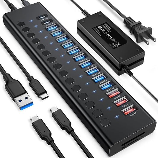 Powered USB Hub 10Gbps, 17 Ports 96W USB 3.2 Hub, 12V/8A Power Adapter by VANGREE