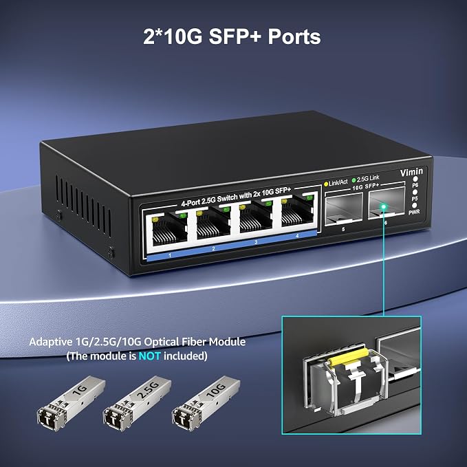 6 Port 2.5G Unmanaged Network Switch, VIMIN 4X 2.5Gbase-T Ports, 2X 10G SFP+ - Image 6