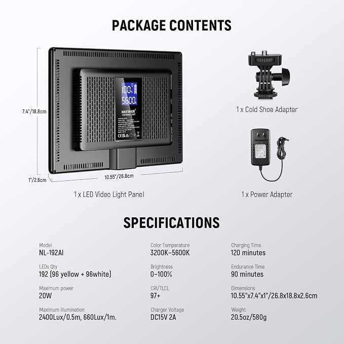 NEEWER 192 LED Video Light Panel, 20W Ultra Thin Bi Color Dimmable DSLR Camera - Image 11