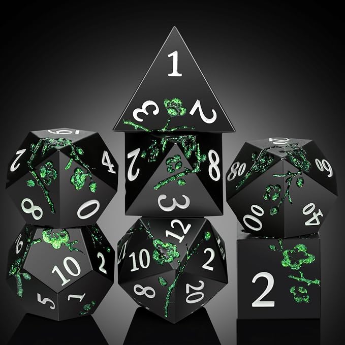 Glitter Green DND Metal Dice, DNDND 7 PCS Flower Metallic DND Dice Set - Image 4