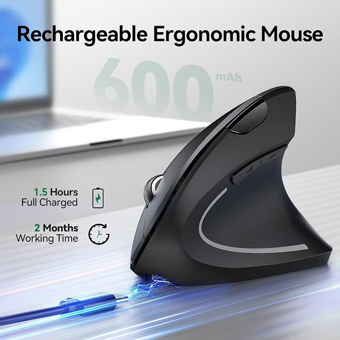 TECKNET Ergonomic Mouse, Rechargeable Vertical Ergo Mouse Wireless 800-4800 - Image 3