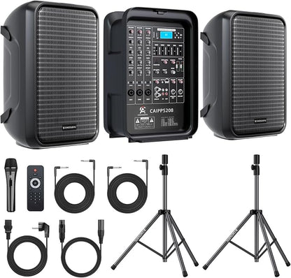 All-in-One 2-Way PA Speaker System DJ Mixer Bundle, 300W 8-Channel Mixer by CAICOUSTIC