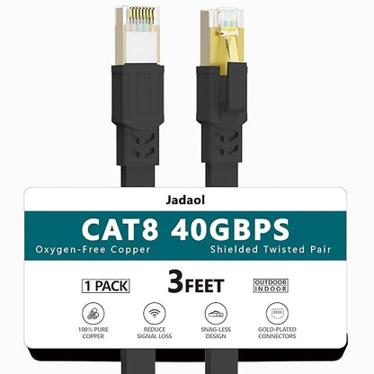 Jadaol Cat 8 Ethernet Cable 3 ft, 40Gbps 2000MHz Flat RJ45 S/FTP LAN Patch Cable by Jadaol