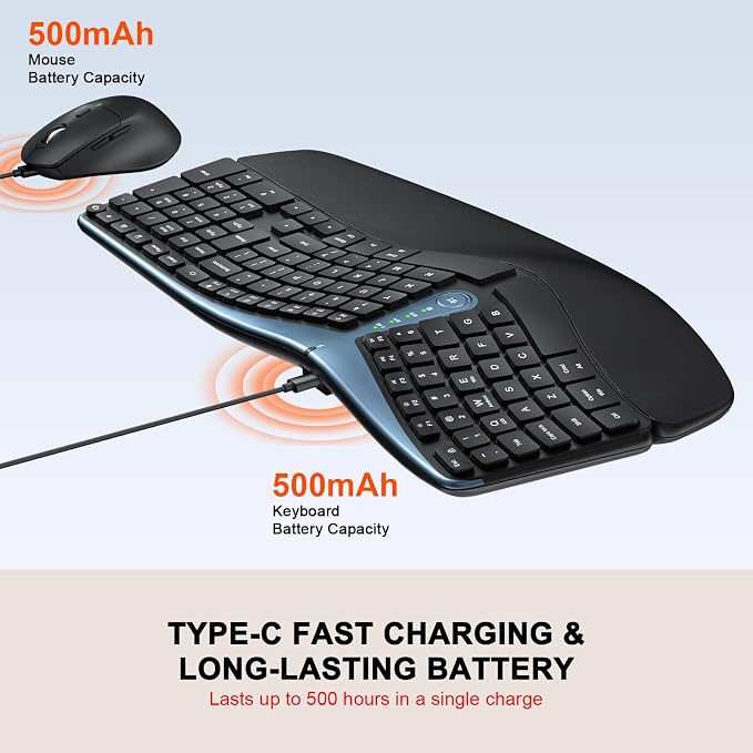 Ergonomic Wireless Keyboard Mouse Combo, MK835 Wave Keys Bluetooth/2.4G Split - Image 3