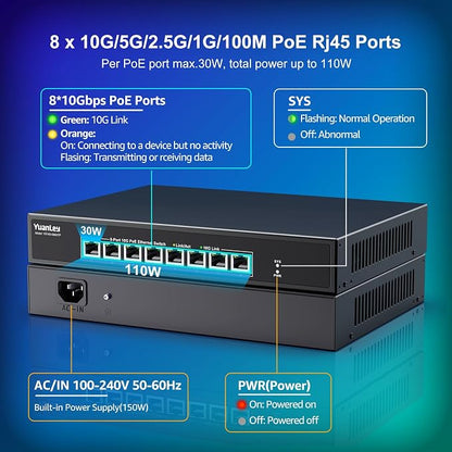 YuanLey 8 Port 10G PoE Switch Unmanaged, 8 x 10G Base-T PoE Ports, - Image 3