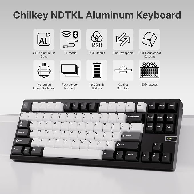 Chilkey ND TKL Aluminum Mechanical Keyboard, 87 Keys Tenkeyless Wireless Gaming - Image 2