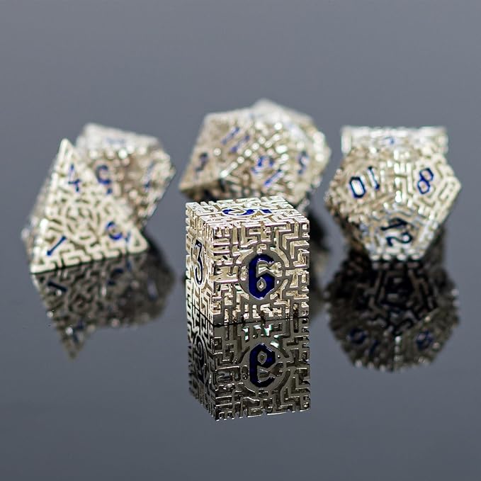Silver Metal Hollow DND Dice Set Metallic Luster Maze Design - Image 2