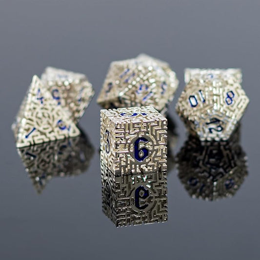 Silver Metal Hollow DND Dice Set Metallic Luster Maze Design - Image 2