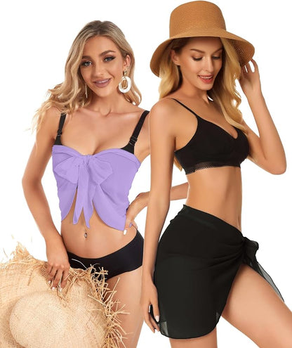 CHICGAL 2 Pieces Women Beach Sarong Bathing Suit Wrap Skirt Sheer Bikini - Image 4