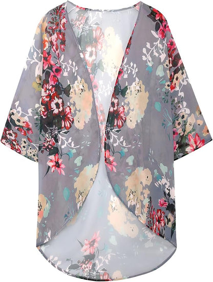 Women's Floral Print Puff Sleeve Kimono Cardigan Loose Cover Up Casual Blouse - Image 7