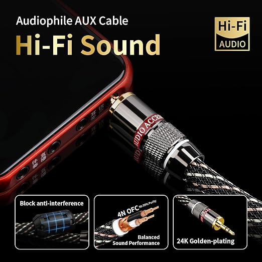 Audiophile HiFi Audio Cable–3.5mm to 3.5mm, 6N OFC Core, 24K Gold-Plated Plugs - Image 8