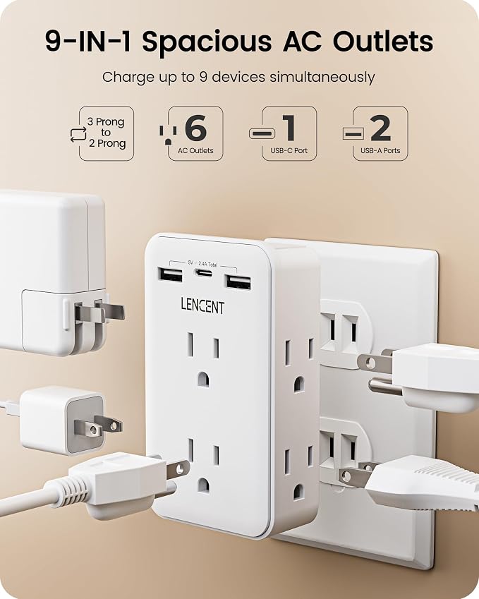 LENCENT 2 to 3 Prong Outlet Adapter, 2 Prong Power Strip - Image 4