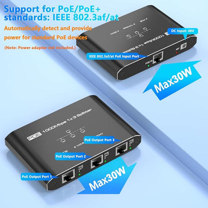 PoE Switch 1 in 3 Out, Gigabit 3 Port PoE Splitter, IEEE 802.3at/af Compliant - Image 3