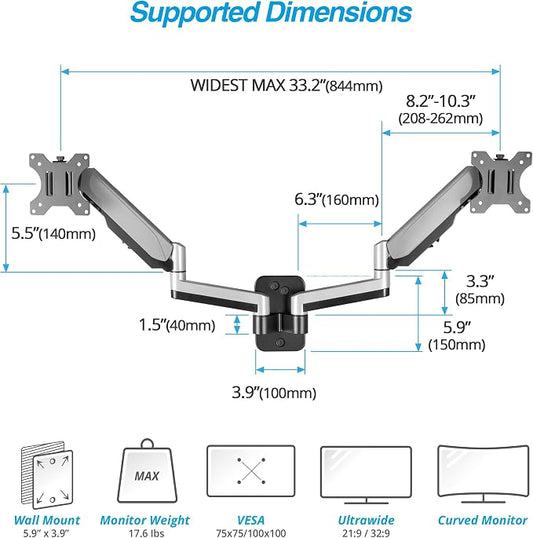 AVLT Dual Extended 13"-32" Monitor Wall Mount fits Two Flat/Curved Computer - Image 2