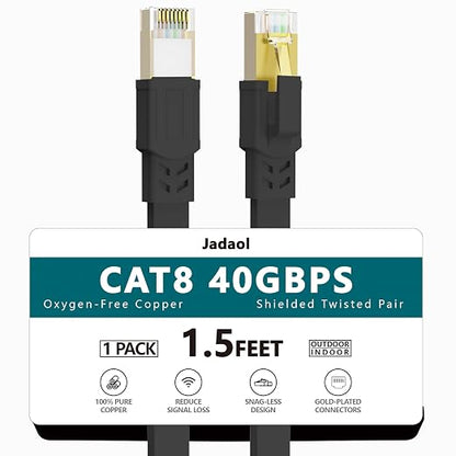 Jadaol Cat 8 Ethernet Cable 1.5ft, 40Gbps 2000MHz Flat RJ45 S/FTP LAN Patch by Jadaol