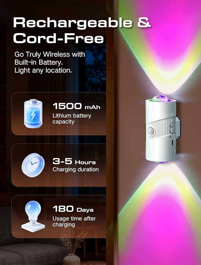 Rechargeable RGB Motion Sensor Night Light, Color Changing LED Wall Lamp - Image 3