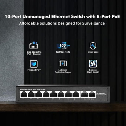 10 Port Mini PoE Switch with 8 PoE+, 2 Uplink, 10/100Mbps Ethernet, 120W - Image 2