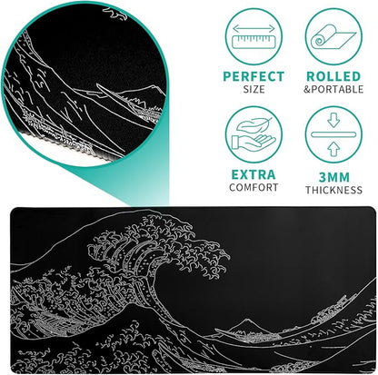 Japanese Sea Wave Large Mouse Pad Abstract Black Mouse Pad 31.5x11.8 Inch Black - Image 5