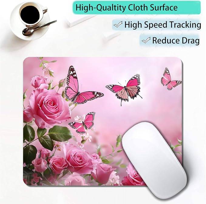Cute Butterfly Pink Rose Flower Custom Mouse Pad - Image 3