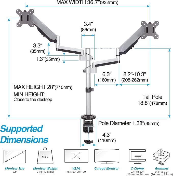 AVLT Dual 17"-32" Stacked Monitor Arm Desk Mount - Image 2