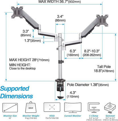 AVLT Dual 17"-32" Stacked Monitor Arm Desk Mount - Image 2