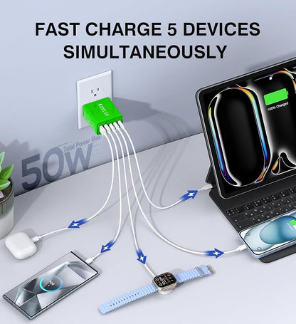 2 Pack 50W USB C Fast Charger Block, 5-Port Type C Wall Charger Brick, 2 USB A - Image 3