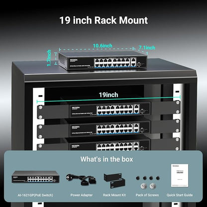 16 Port PoE Switch Unmanaged, 16 Port PoE+@250W, 2 Gigabit Uplink Ports - Image 7