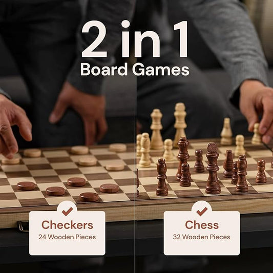 PlayVibe Wooden Chess Set 15'' & Checkers Board Games - Image 2