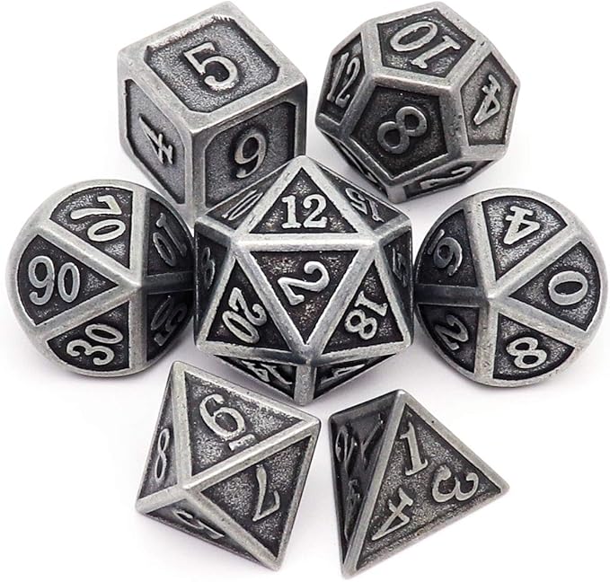 Haxtec Antique Iron Metal DND Dice Set Silver D&D Polyhedral Dice W/PU Leather by HaxtecDice