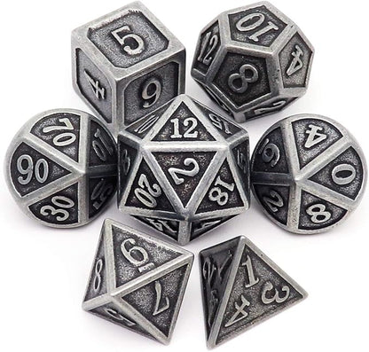 Haxtec Antique Iron Metal DND Dice Set Silver D&D Polyhedral Dice W/PU Leather by HaxtecDice